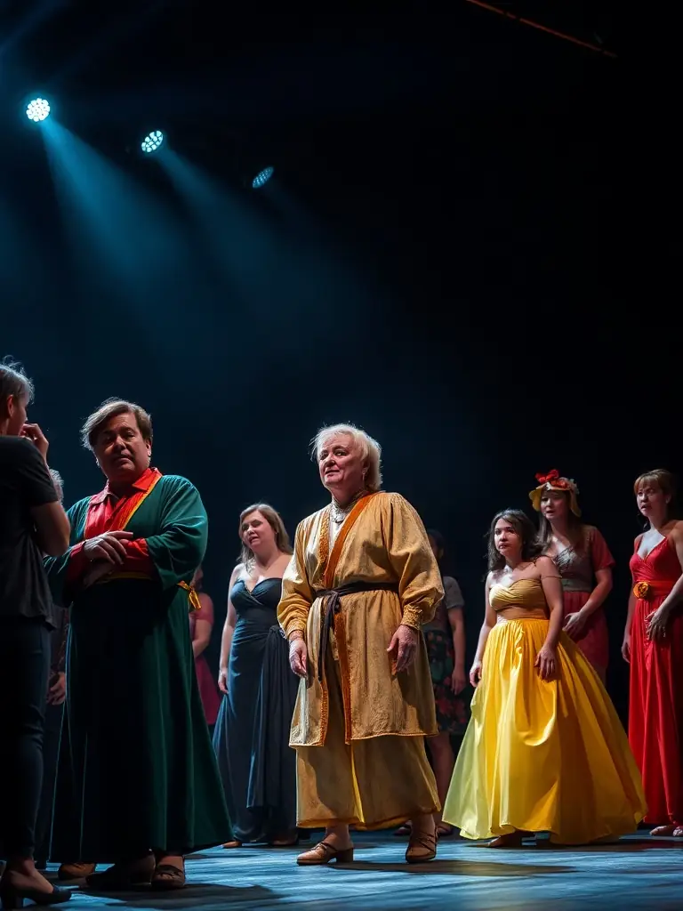 A photograph capturing a vibrant scene from a recent theatre production by L AVANT SCENE, showcasing actors in costume on stage with dynamic lighting and set design.