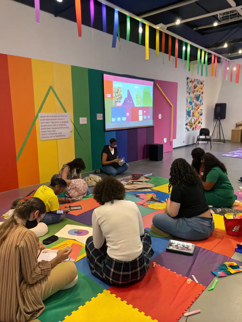 A dynamic image of a group of young participants actively involved in a theatre workshop, demonstrating collaborative learning and creative expression at L AVANT SCENE.