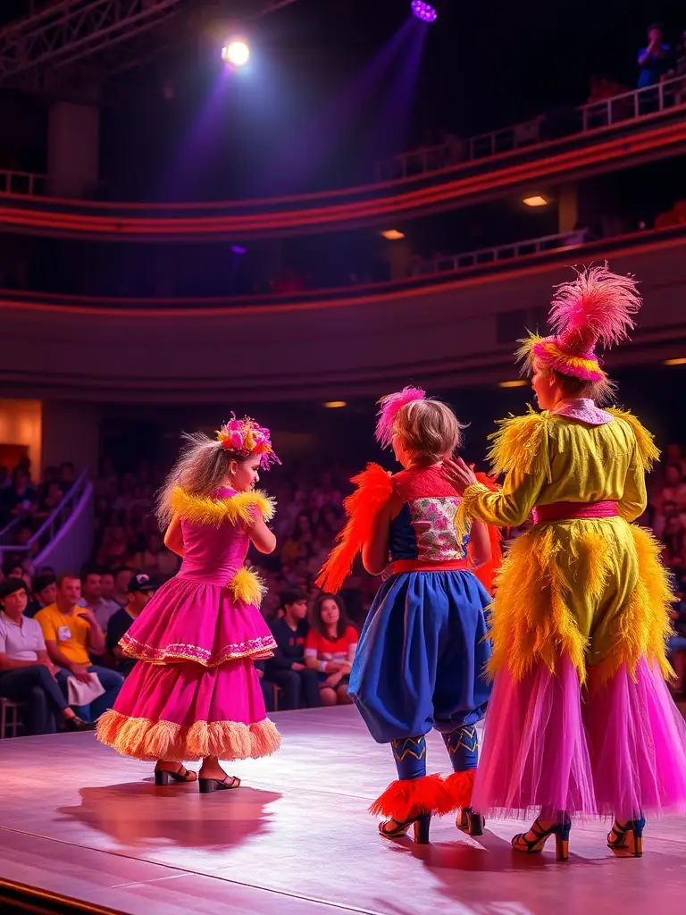 A vibrant photograph capturing a scene from a recent café-theatre performance at L AVANT SCENE, showcasing actors in costume interacting with an engaged audience in an intimate setting.