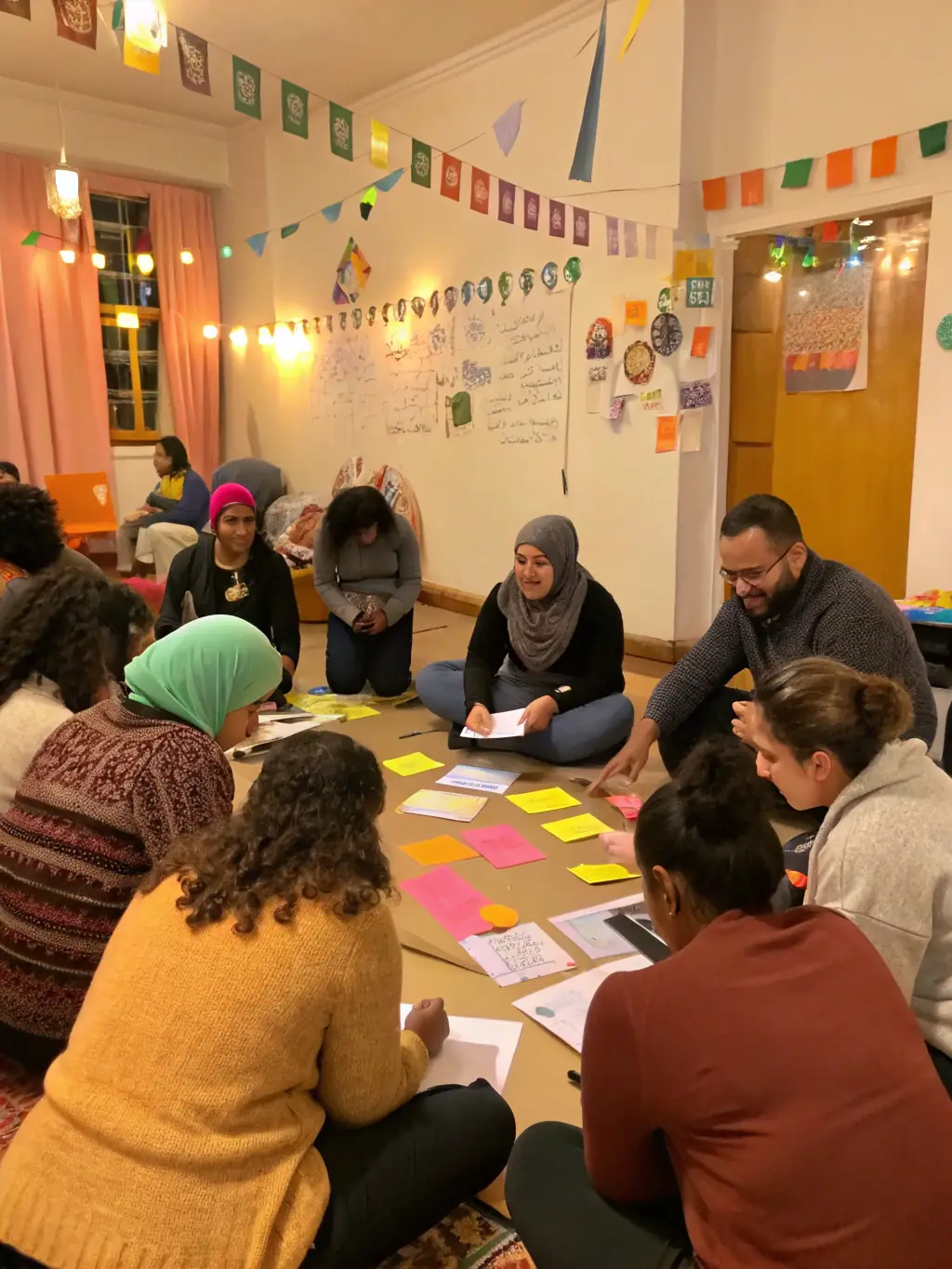 A photograph of a community workshop led by L AVANT SCENE, showing participants actively engaged in a theatre-related activity, such as acting exercises or set design.