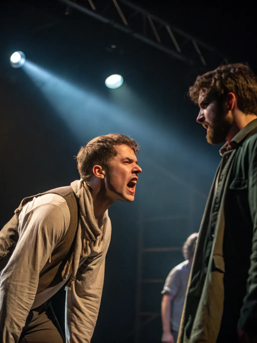 A captivating shot of a stage production at L AVANT SCENE, featuring professional actors delivering a powerful performance in a well-designed set, highlighting the quality of their theatre programming.